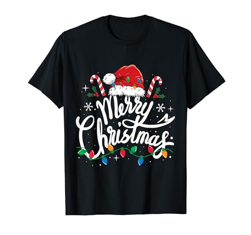 Merry Christmas Lights Red Santa Hat Xmas Family Men Women T-Shirt