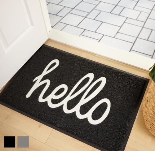 Gorilla Grip 100% Waterproof All Weather Hello Doormat, Dirt Grabber Mesh Welcome Mat, Stain and Fade Resistant, Low Profile Entryway Mats for Home Front or Back Entrance, 30x17 Black/White