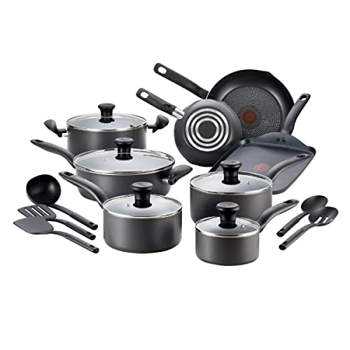 T-fal Initiatives Nonstick Cookware Set 18 Piece, Oven Safe 350F, Kitchen Cooking Set w/ Fry Pans, Saucepans, Stockpots, Skillet, Spoons, Lids, Pots and Pans Set Non Stick, Home, Dishwasher Safe Black