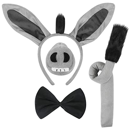 4 Pieces Donkey Costume Set Donkey Ears Headband Donkey Nose Tail and Bow Tie Animal Fancy Dress Donkey Costume Kit Party Accessories for Halloween,Birthday,Christmas,Cosplay Dress Up Party