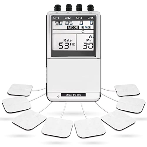 iSTIM EV-805 TENS EMS 4 Channel Rechargeable Combo Machine Unit - Muscle Stimulator + Back Pain Relief and Management- 24 Programs/Backlit (Including Electrodes Pads)