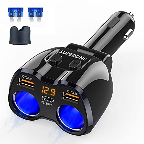 [2023 Upgraded] Cigarette Lighter Splitter, SUPERONE 180W 2-Socket Cigarette Lighter Adapter with Dual QC3.0 and 20W PD USB C Car Charger Splitter for GPS/Dash Cam/Laptop/iPad/iPhone 15/14/13/12/11