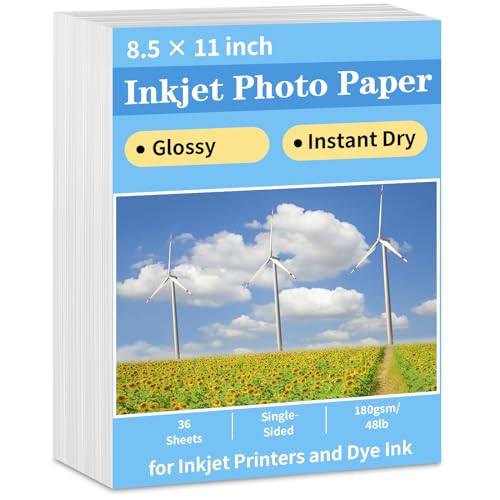 Glossy Photo Paper 8.5 x 11, 36 Sheets Inkjet Photo Printer Paper, Instant Dry Picture Paper for DIY Chip Bag, Flyers, Cards, Calendars and Brochures(180gsm/48lb)