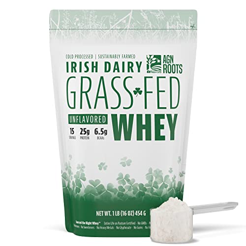 AGN Roots Grass Fed Whey Protein Powder Isolate - Unflavored - Unsweetened - Certified Entire Life On Pasture by A Greener World - ASPCA Registered - Informed Sport - Dairy Protein 1lbs