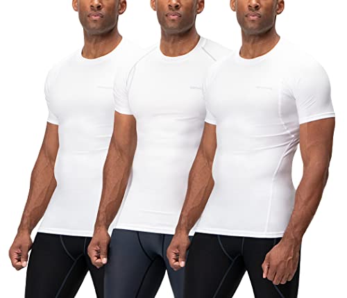 DEVOPS 3 Pack Men's Cool Dry Short Sleeve Compression Shirts, Sports Baselayer T-Shirts Tops, Athletic Workout Shirt (Large, White/White/White)