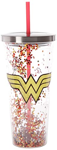 Spoontiques - Glitter Filled Acrylic Tumbler - Glitter Cup with Straw - 20 oz - Stainless Steel Locking Lid with Straw - Double Wall Insulated - BPA Free - Wonder Woman - Red & Gold