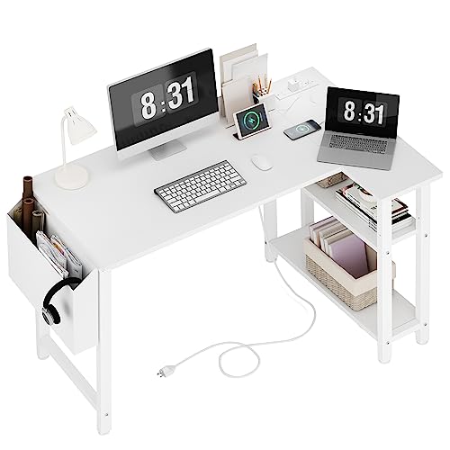 Lufeiya White L Shaped Computer Desk with Power Outlet Shelves, 40 Inch Small Corner Desk for Small Space Home Office, L-Shaped Desk PC Desks, White