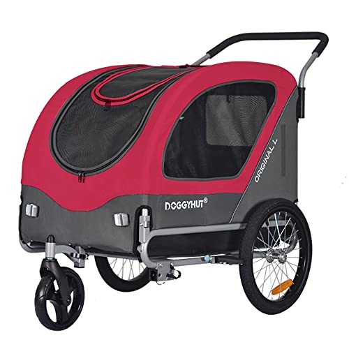 Doggyhut Original Large Pet Bike Trailer & Stroller 2-in-1,for Dogs up to 78 lbs,Parking Brakes,Easy Folding Cart Frame, Quick Release Wheel, Universal Bicycle Coupler (Red)