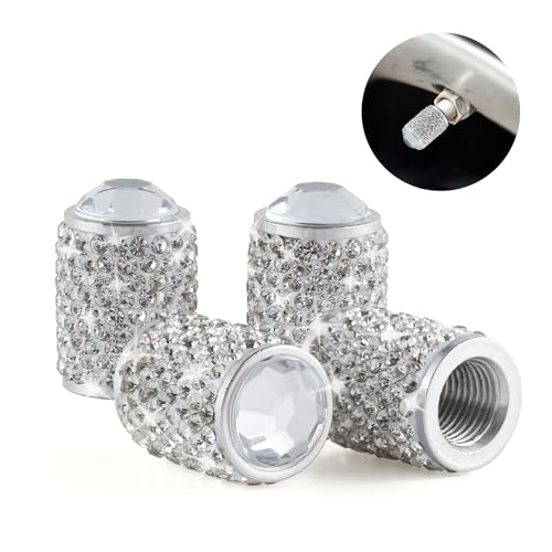 Alpmosn Car Wheel Tire Valve Caps, 4 PCS Bling Tire Valve Caps, Crystal Tire Caps Shinny Rhinestone for Women, Universal Car Dustproof Tire Valve Caps for Cars, Trucks, SUV and Motorcycles (White)