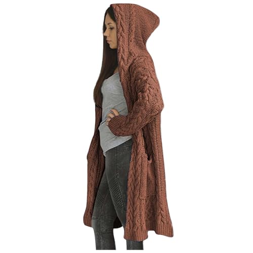Lightning Deals of Today Prime by Hour Womens Casual Solid Chunky Knit Open Front Hooded Sweaters Long Sleeve Cardigan Outerwear Coats with Pocket Cardigan Sweaters for Women Button up Brown L