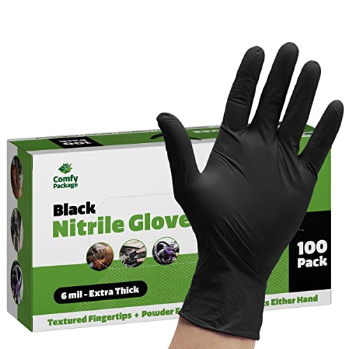 Comfy Package, Black Nitrile Disposable Gloves 6 Mil. Extra Strength Latex & Powder Free, Chemical Resistance, Textured Fingertips Gloves - Large [100 Count]