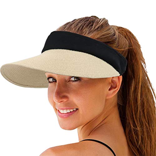 Women Straw Sun Visor Hat Wide Brim Summer UV Protection Beach Cap Foldable Packale Korean Style Beige