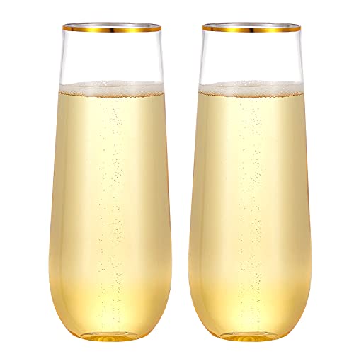 N9R 24 Pack Plastic Champagne Flutes, 9 Oz Stemless Disposable Gold Rim Toasting Glasses, Crystal Clear Cocktail Cups Drinkware Shatterproof Ideal for Party Wedding Birthday