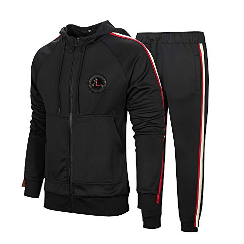MANTORS Men's Hooded Athletic Tracksuit Full Zip Casual Jogging Gym Sweat Suits Black-S