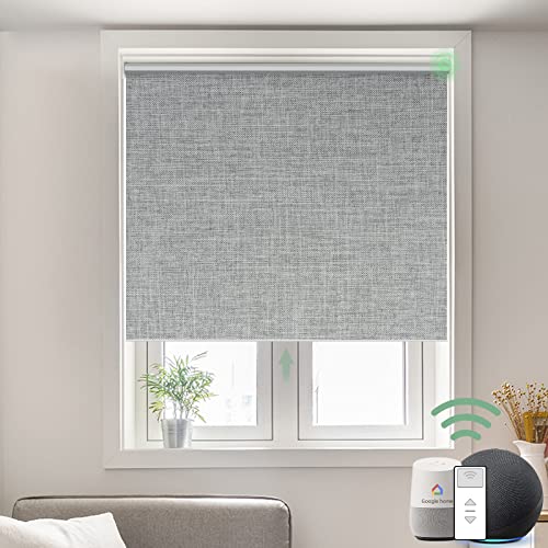 Yoolax Motorized Smart Blind for Window with Remote Control, Automatic Blackout Roller Shade Compatible with Alexa, Child Safety Rechargeable Battery Solar Blind with Valance (Fabric-Smoky Grey)