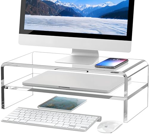 Egchi Clear Acrylic Monitor Stand Riser 2 Tier, 5.12 Inches High Clear Computer Desk Organizer Shelf for Multi Media PC Storage Laptop