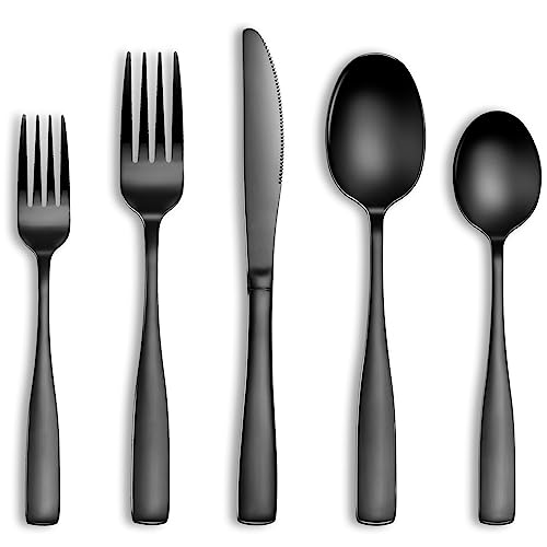 20 Pcs Black Silverware Set, Food-Grade Stainless Steel Flatware Set for 4, Square Cutlery Set, Mirror Polished Tableware Eating Utensils Set for Kitchen, Include Knife Fork Spoon Set,Dishwasher Safe