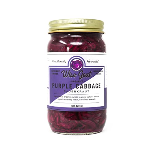 Raw Organic Fermented Probiotic Sauerkraut, Purple Cabbage' Variety [Vegan, Gluten Free, Non-GMO, Probiotic] 16oz Glass Jar by Wise Goat Organics