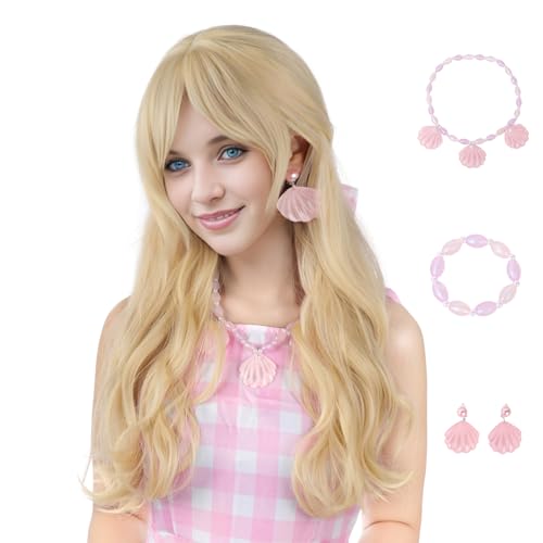 MUPUL Blonde Barbi Wigs for Women Blond Barbe Wig Long Hair Wig with Bangs Natural Cute Synthetic Long Body Wave Wigs for Costume Party (Blonde/wave)