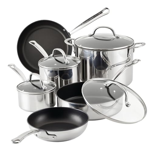 Farberware Millennium Stainless Steel Nonstick Cookware Set, 10-Piece Pot and Pan Set, Stainless Steel