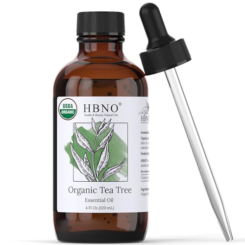 HBNO Organic Tea Tree Essential Oil - Huge 4 oz (120ml) Value Size - USDA Certified Organic Tea Tree Essential Oil, Steam Distilled for Aromatherapy, Soap Making, DIY, Diffuser