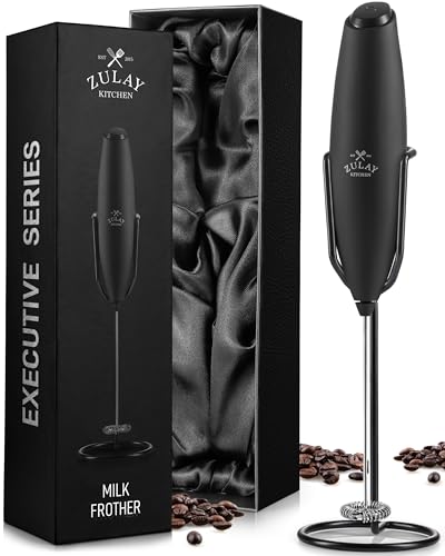 Zulay Kitchen Executive Series Milk Frother Wand - Upgraded & Improved Stand - Ideal Coffee Gift - Coffee Frother Handheld Foam Maker For Lattes - Electric Milk Frother Handheld For Cappuccino