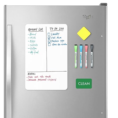 Magnetic Whiteboard Fridge Dry Erase Board: HOMiDEK Small Magnetic White Board for Refrigerator with Clean Dirty Magnet for Dishwasher, 4 x Markers, 1 x Eraser - 12' x 8'