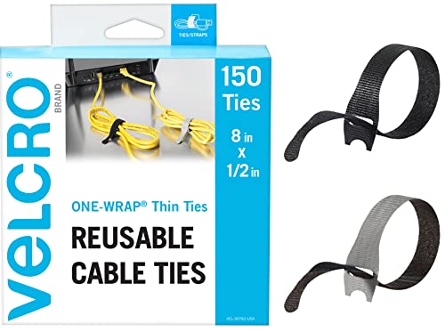 VELCRO Brand 150pk Cable Ties Value Pack | Replace Zip Ties with Reusable Straps, Reduce Waste | For Wire Management and Cord Organizer | 8 x 1/2' Thin Pre-Cut Design, Black and Gray