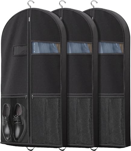 Lazebox 3 packs Garment Bags for Travel and Closet Storage with Zipper Pocket, Heavy Duty Waterproof Hanging Suit Bag with Handles for Suits, Coats, Jackets, Shirts
