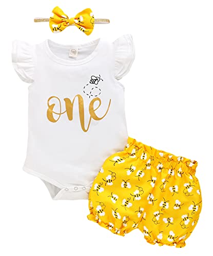 GRNSHTS Baby Girl One Birthday Outfits Honey Bee Ruffle Sleeve Romper+Bumble Bee Shorts+Headband 3Pcs Summer Clothes 12-18 Months