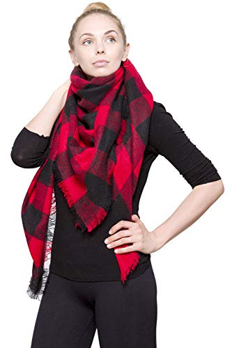 Be Your Own Style BYOS Womens Chic Buffalo Plaid Tartan Checked Oversized Blanket Shawl Scarf Wrap (Bold Gingham Check Red & Black)