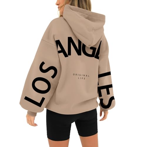 BLUBUKLKUN best Los Angeles Sweatshirt Hoodies for Women Long Sleeved Oversized Streetwear Printed Hoodie With Pockets (Khaki, XXL)