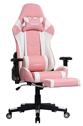 OHAHO Gaming Chair Racing Style Office Chair Adjustable Massage Lumbar Cushion Swivel Rocker Recliner High Back Ergonomic Computer Desk Chair with Retractable Arms and Footrest (Pink/White)