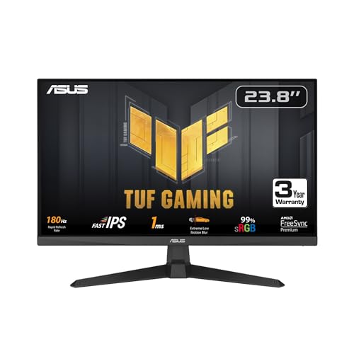 ASUS TUF Gaming 24” (23.8 inch viewable) 1080P Monitor (VG249Q3A) - Full HD, 180Hz, 1ms, Fast IPS, Extreme Low Motion Blur, FreeSync Premium, Speakers, DisplayPort, HDMI, Variable Overdrive, 99% sRGB