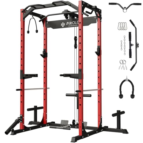Mikolo Power Cage, Power Rack with LAT Pulldown, 1200 Pounds Capacity Workout Cage with More Training Attachments, Squat Rack for Home Gym, F4-301