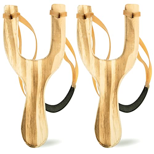 POPLAY 2PCS Wooden Slingshot Toy, Solid Wooden Slingshot Resortera with Spare Rubber Band for Catapult Game Outdoor Hunting Sports Camping Shooting Hiking