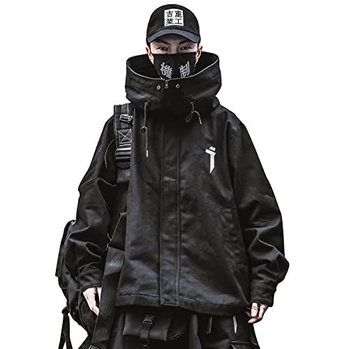 Niepce Inc Japanese Streetwear Zip Up Windbreaker Jacket for Men (Black, X-Large)