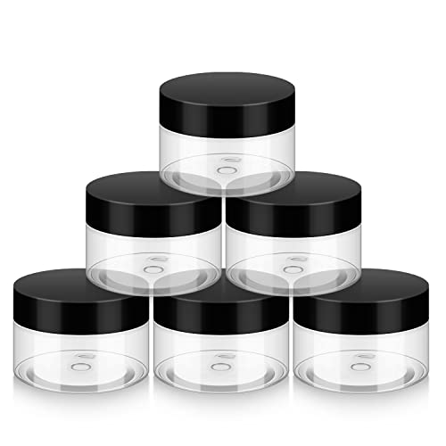 Loretoy Household 1oz Plastic Jars with Lids, 6 Pack BPA Free, Reusable, Refillable Transparent Cosmetic Containers for Bath Salts, Cosmetics, Powders, Beauty Product and Small Accessories