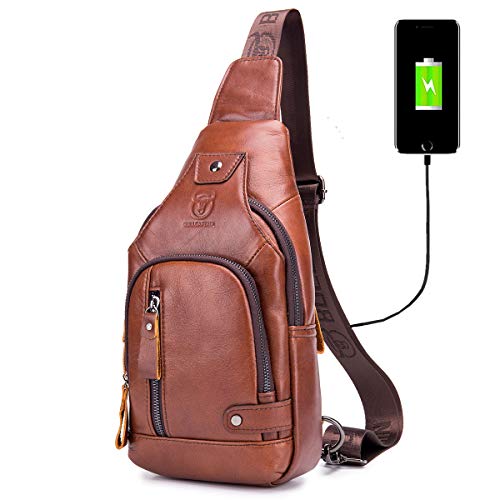 BULLCAPTAIN Genuine Leather Sling Bag with USB Charging Port Multi-pocket Chest Bag for Men Hiking Travel Daypack XB-129(Brown)