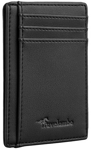Travelambo Front Pocket Minimalist Leather Slim Wallet RFID Blocking Medium Size(Black Delux)