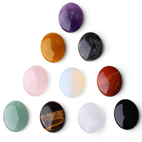 ZHIYUXI 10PCS Healing Crystals Oval Amethyst Rose Quartz Clear Quartz Tiger Eye Green Aventurine Obsidian Red Jasper Opal Labradorite Thumb Worry Stone Pocket Palm Quartz Reiki Luck Meditation Gem