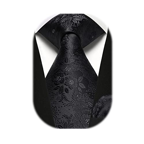 HISDERN Men Solid Black Floral Ties Woven Classic 3.4' Necktie Set Formal tie Pocket Suqare for Wedding Business with Handkerchief Gift Box