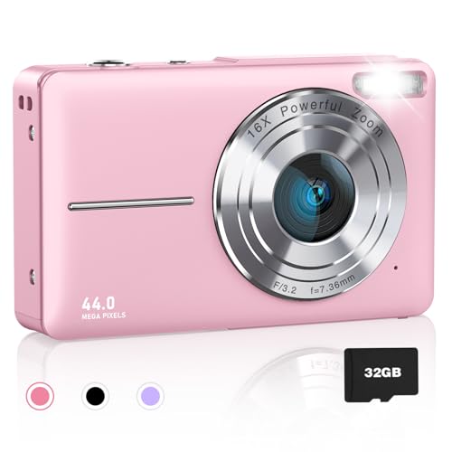 AiTechny Digital Camera for Kids, 1080P FHD Camera, 44MP Point and Shoot Digital Camera for Pictures with 32GB Card, 16X Zoom, Compact Small Vintage Camera Gifts for Teens Kids Boys Girls(Pink)