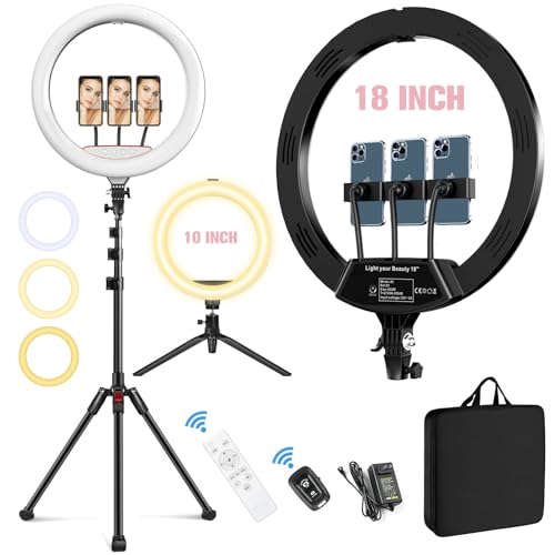 18”+10” Ring Light, 2PCS Led Ring Light Kit for iPhone with Tripod Stand and 3 Phone Holders, Adjustable 2700-6500K, Selfie Ring Light with Remote for TikTok, YouTube, Camera, Video, Live Stream
