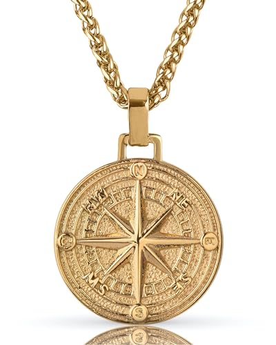 Forge & Foundry Men's Compass Pendant Necklace with 21” Wheat Chain and Extender Included | 2.0 Navigator - Gold