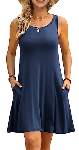 AUSELILY Women's Solid Plain Sleeveless Pocket Casual Loose T-Shirt Dress Tank Sundress Indigo (L,Navy Blue)