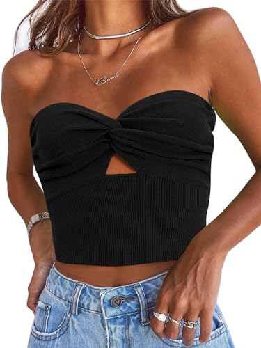 EFAN Womens Tube Tops Going Out Crop Tank Tops Bandeau Knit Cut Out Cute Backless Strapless Sleeveless Bustier Corset Sweaters Spring Summer Y2K Outfits Teen Girls 2024 Black