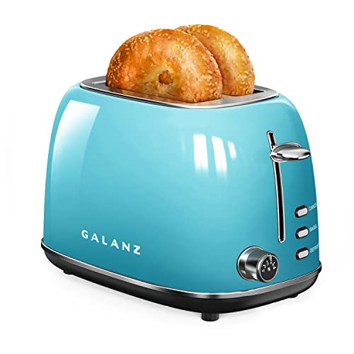 Galanz Retro 2-Slice Toaster, 1.5' Extra Wide Slots for Bagels & Thick Bread, Defrost and 6 Browning Levels, Includes a Dust Lid & Removable Crumb Tray, Blue