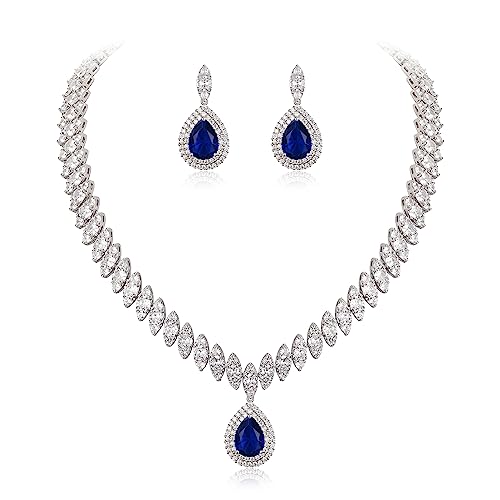 EVER FAITH Women's Marquise CZ Leaf Teardrop Wedding Pendant Necklace Earrings Set Blue Silver-Tone