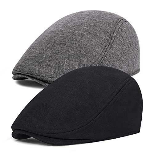 2 Pack Newsboy Hats for Men, Cotton Flat Ivy Gatsby Driving Hat Cap, Dark Gray &Black